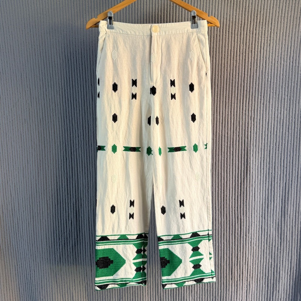 Embroidered Linen Blend Zara Women Straight Leg Pants White Green XS
